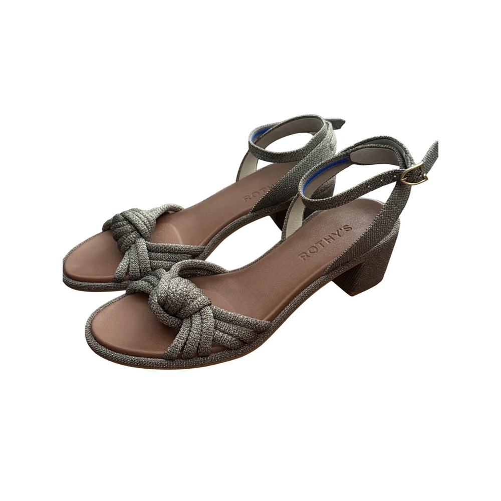 Rothy's The Knot Sandal Metallic Pewter Knit Block Heel Ankle Strap Size 7